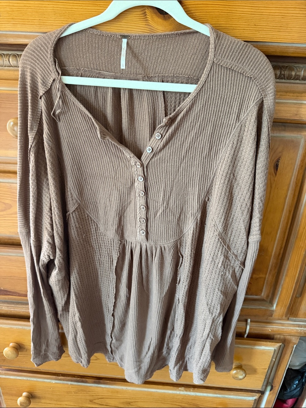 Free People Brown Ribbed Button-Front Henley